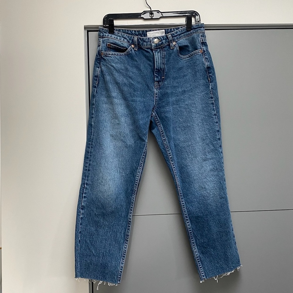 Topshop Straight Leg Jeans in Mid Blue
